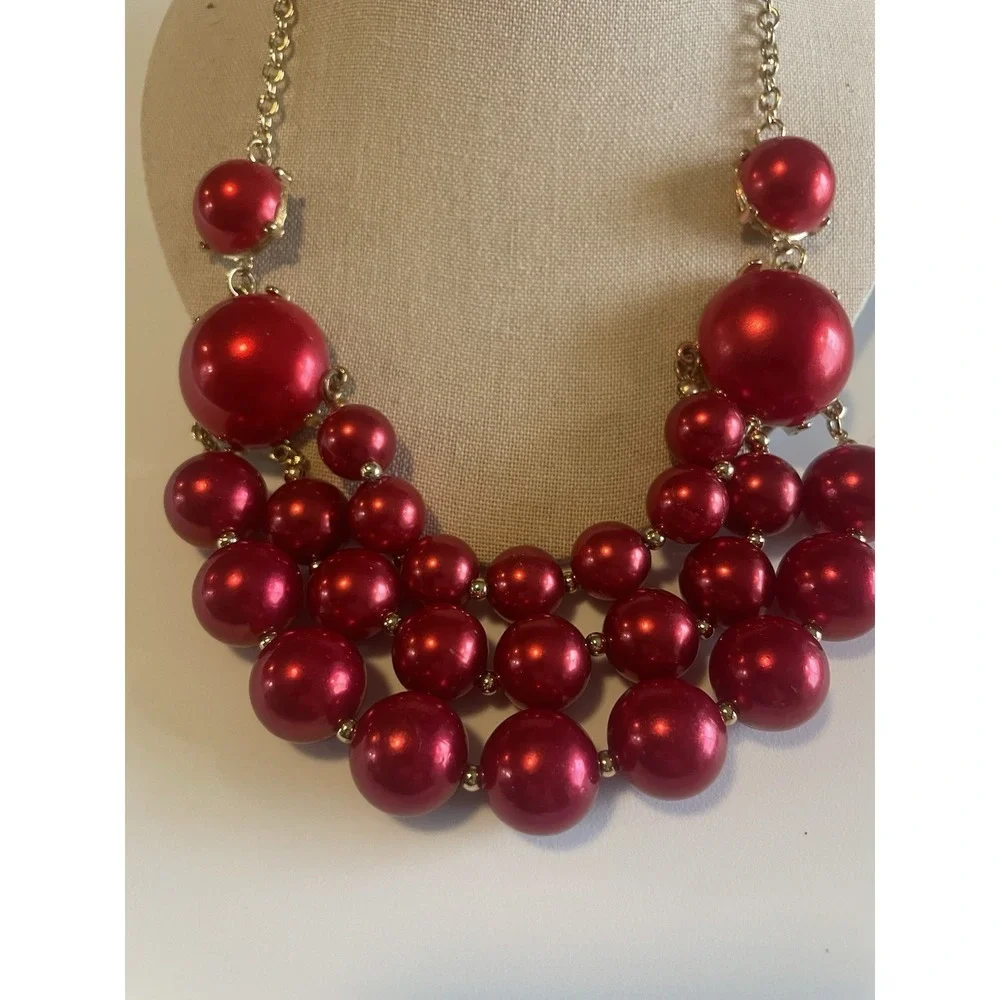 Red Bubble Statement Necklace Earrings Set Bib Multi Strand Chunky Bead Fashion